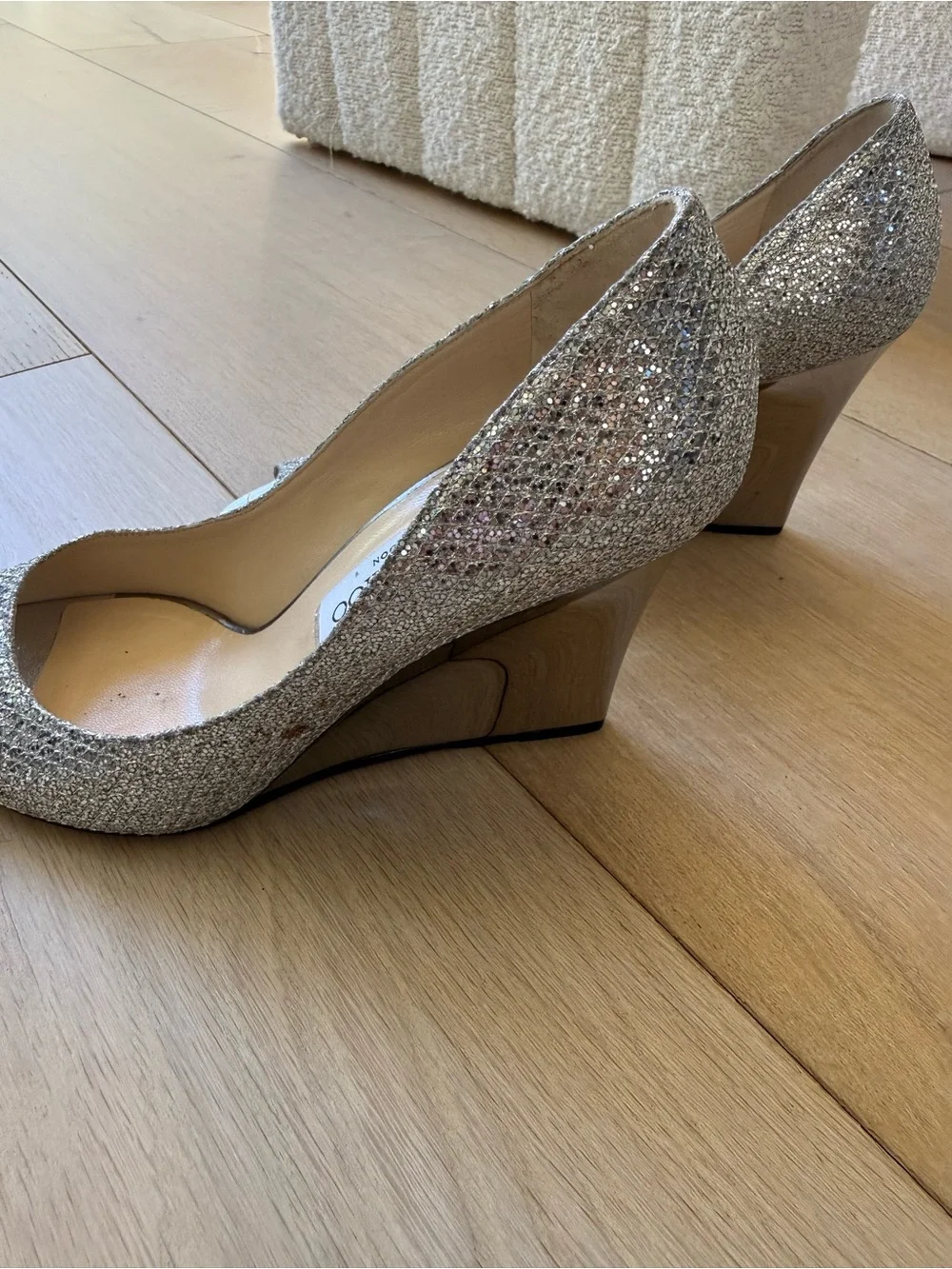 Jimmy Choo Silver Glitter Peep-Toe Wedge Heels